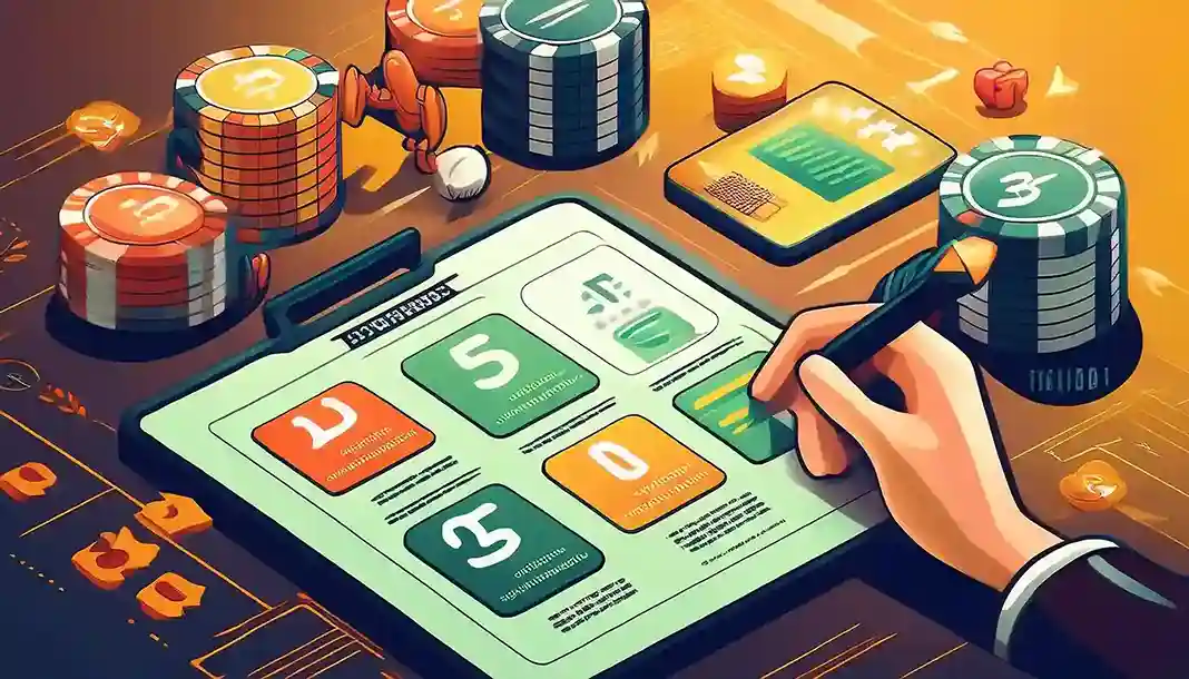 Illustration of a hand with a pen over a numbered checklist surrounded by casino chips