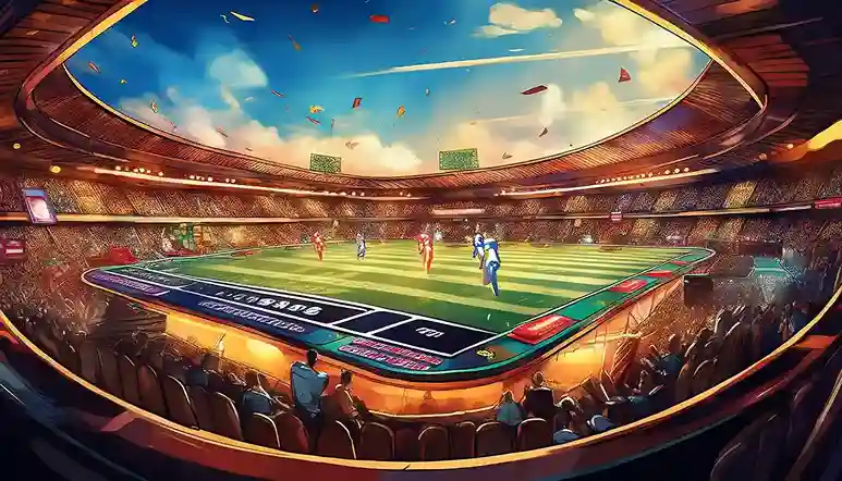 Illustrated cricket players competing on a stadium field with confetti and cheering crowds