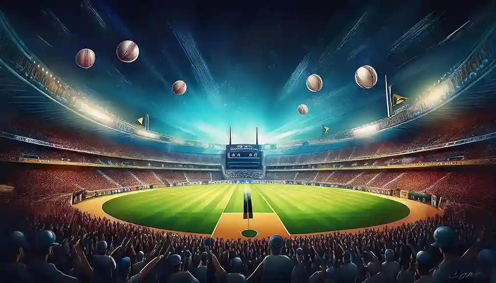 Artistic cricket stadium at night with red cricket balls soaring above a cheering crowd