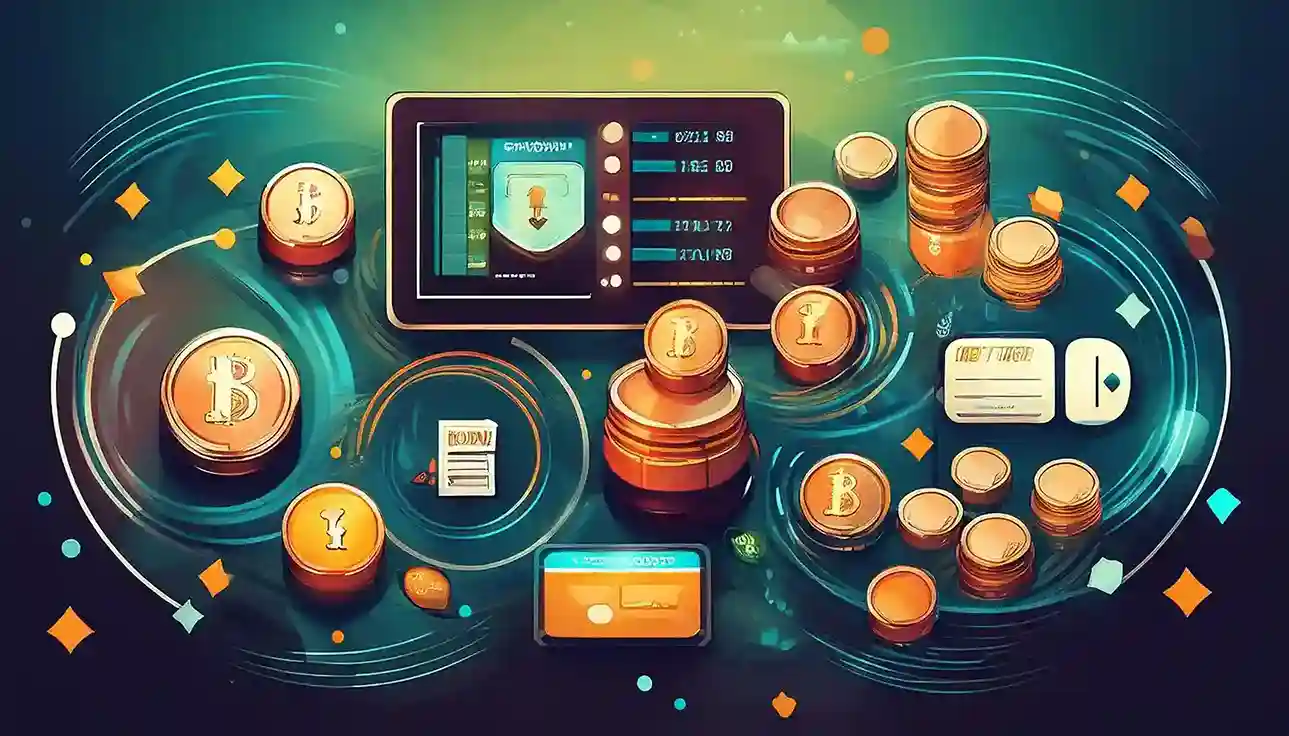 Illustration of coins bank cards and a payment dashboard for deposits and withdrawals
