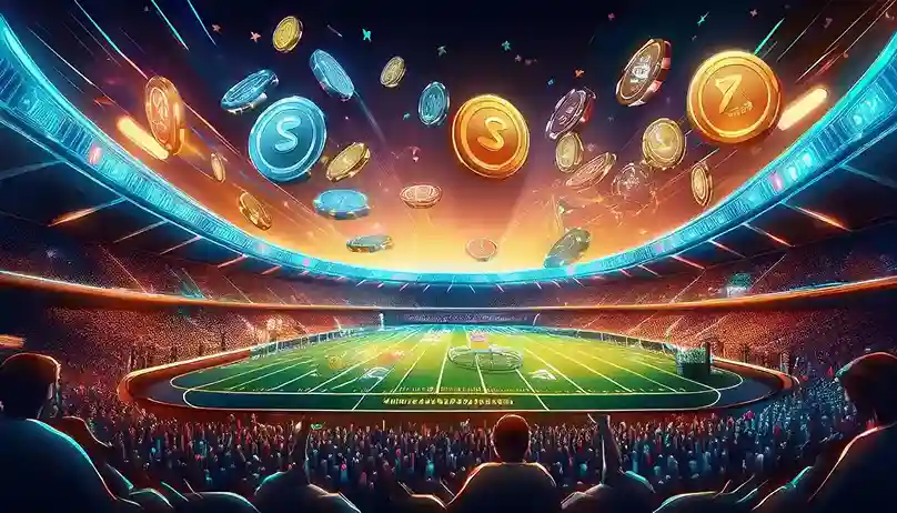 Golden coins soaring above a packed stadium crowd at night