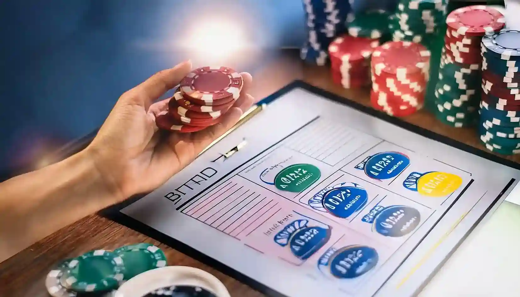 Hand holding red poker chips above a clipboard of betting odds