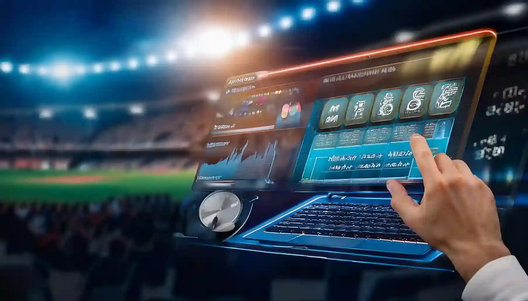 Hand touching a laptop screen with online betting stats inside a floodlit stadium