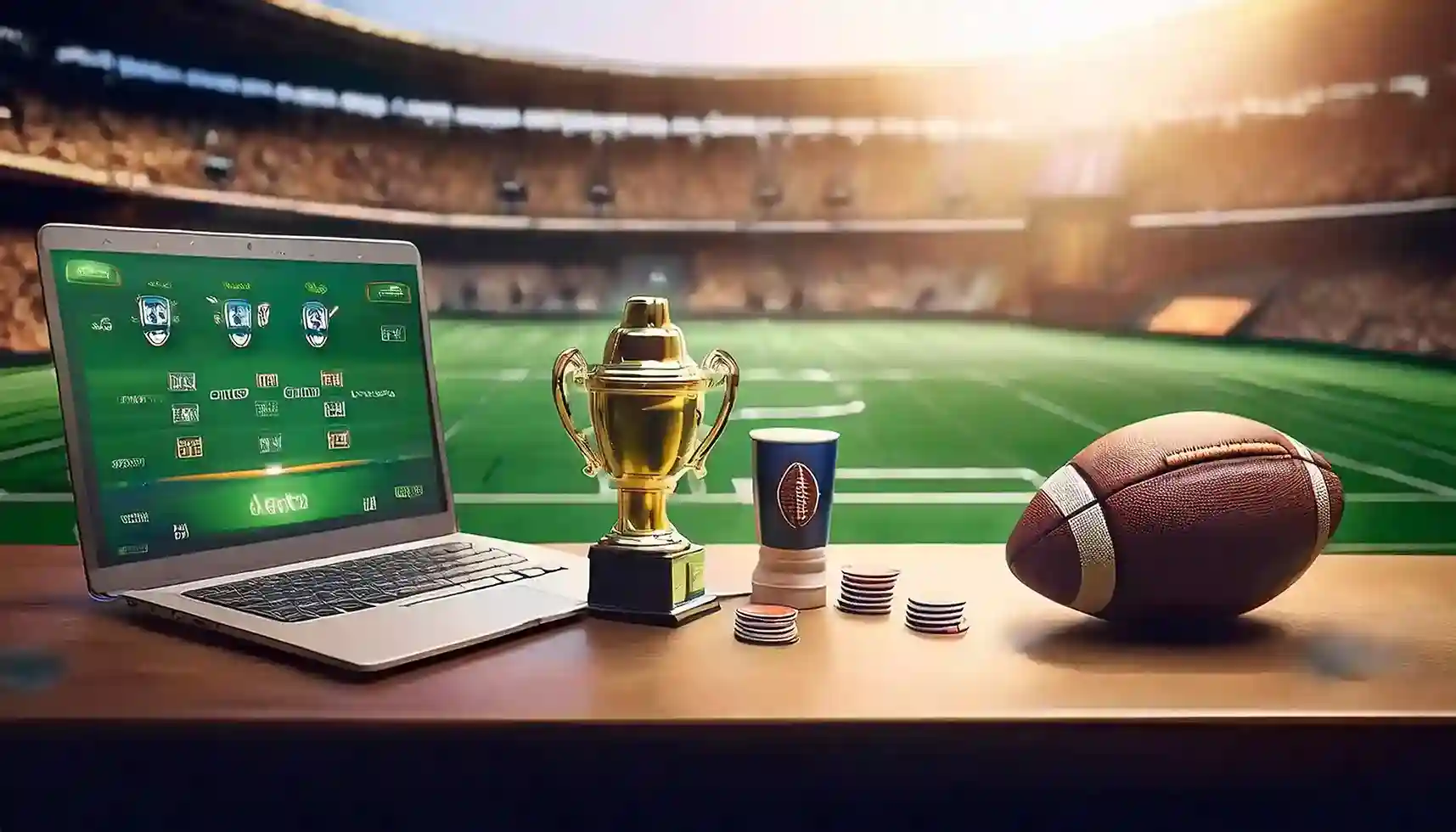 Laptop showing an online betting site beside a gold trophy and a football at a stadium