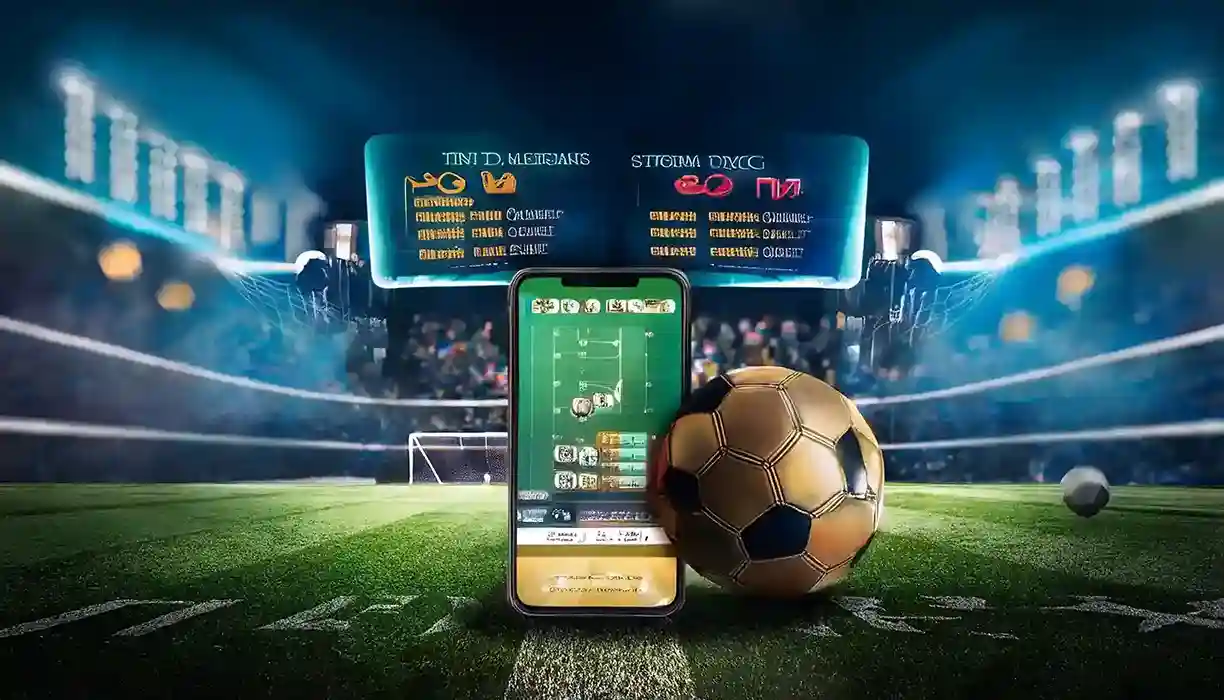 Smartphone showing a betting app screen next to a golden football on a floodlit pitch