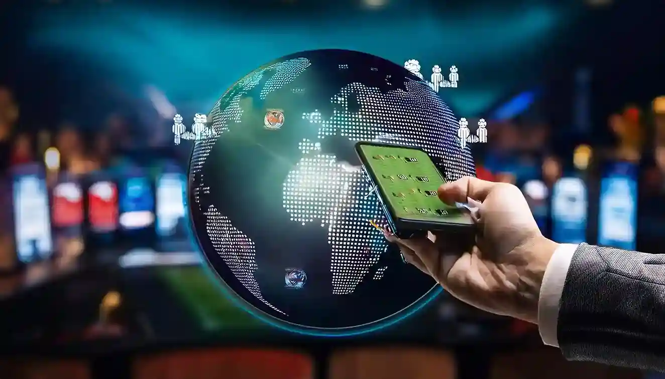 Smartphone projecting a holographic globe with live betting markets around it