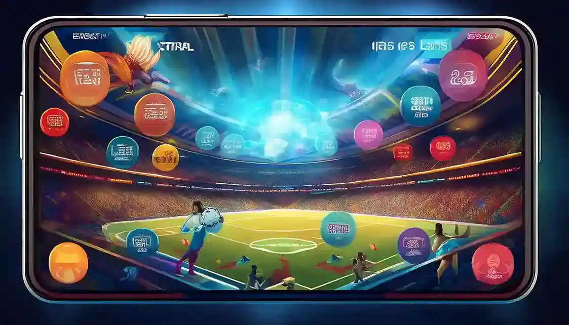 Phone display of a packed stadium overlaid with colorful betting market icons