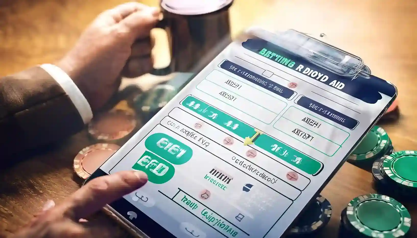 Finger tapping a betting app signup form on a tablet with green casino chips nearby