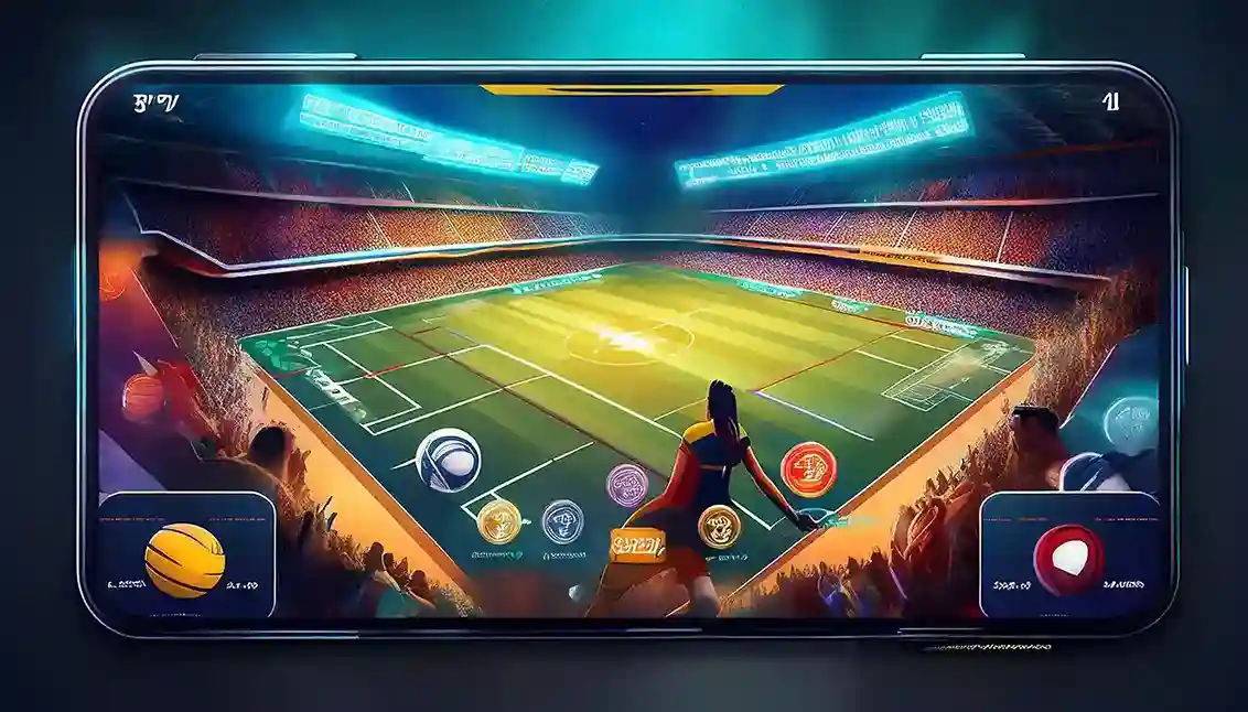 Smartphone screen showing a floodlit stadium pitch with online betting app icons