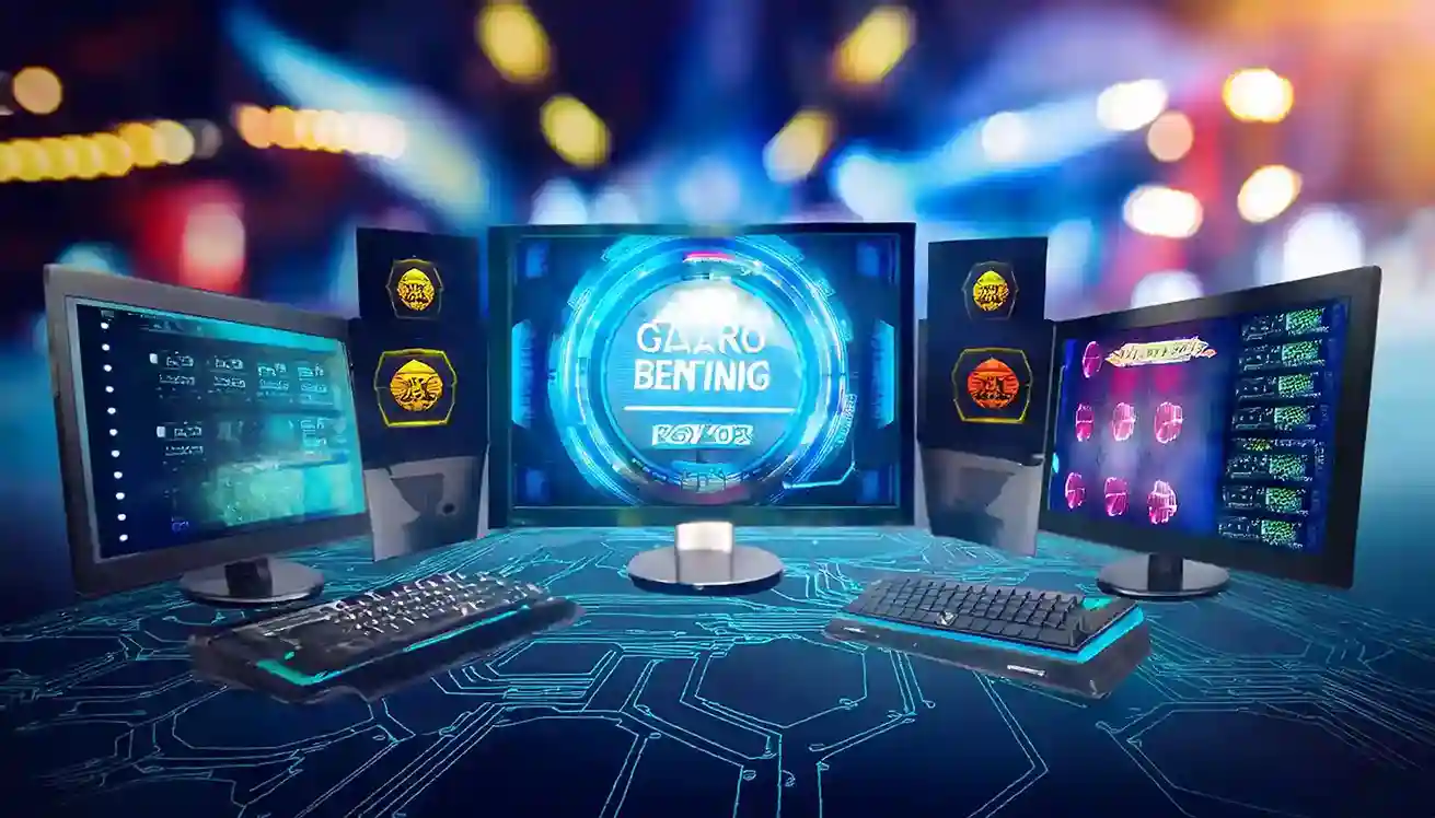 Three monitors on a desk displaying online betting and casino game screens