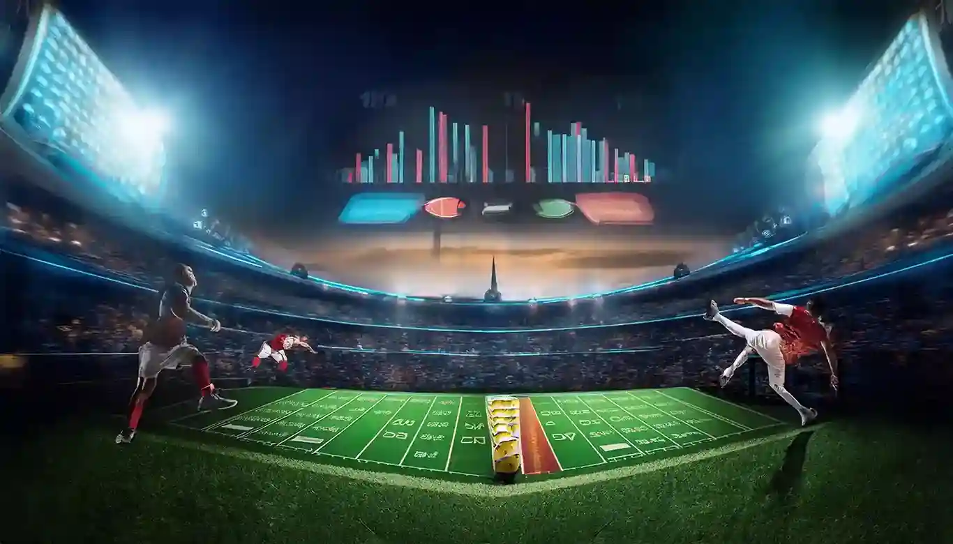 Players in action on a night stadium pitch under floating charts showing live betting odds