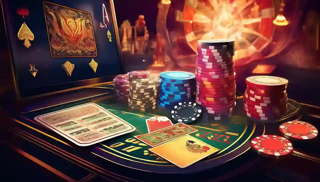 Tall stacks of poker chips and cards on a green casino table beside a glowing screen