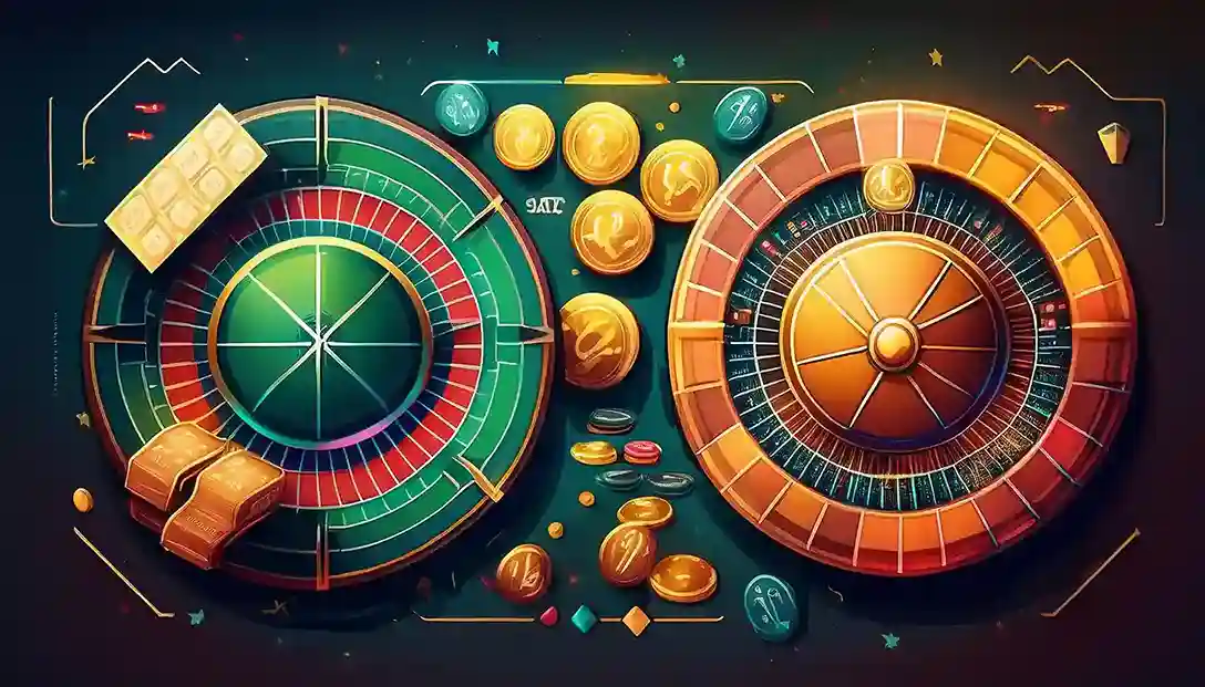 Two colorful roulette wheels with gold coins and bars on a dark live casino background