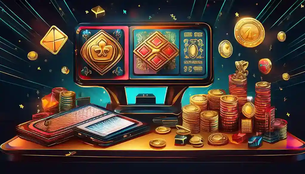 Illustrated slot machine with card symbols surrounded by gold coins and casino chips