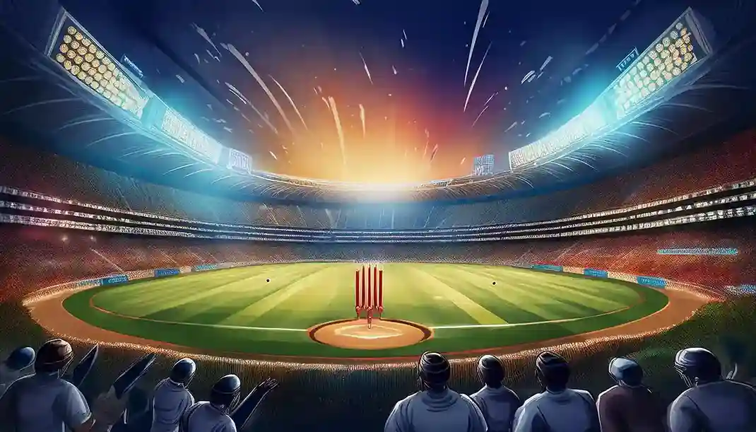 Cricket stadium at sunset with red stumps at the center of the pitch