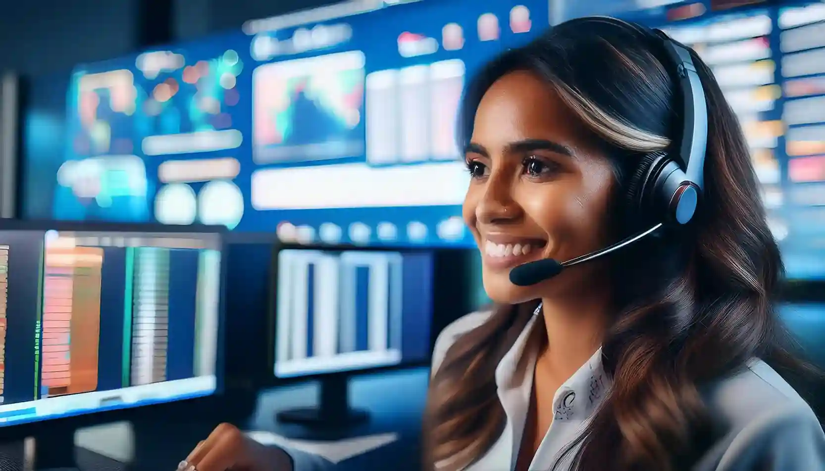 Smiling support agent in a headset surrounded by monitors showing live data