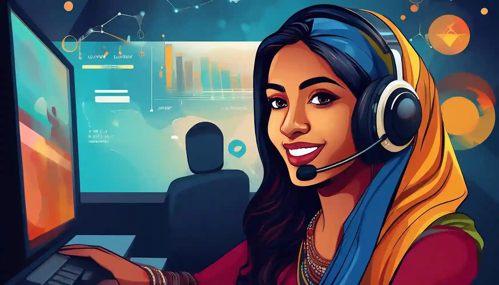 Illustrated customer support agent with a headset beside a chat bubble and clock
