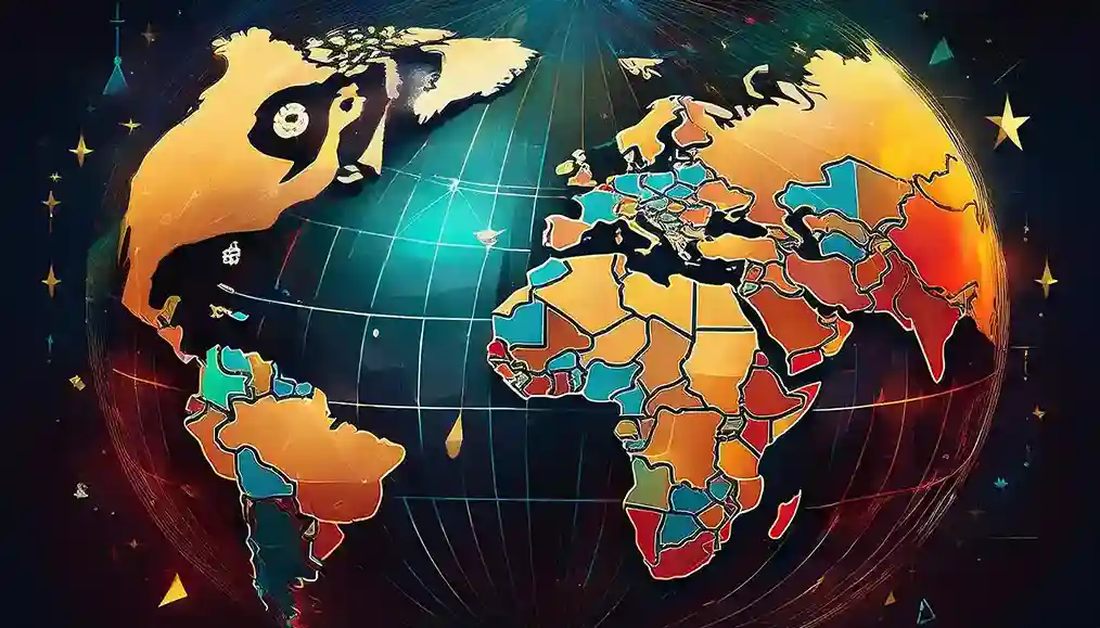 Stylized world map on a dark globe with colorful countries and star accents